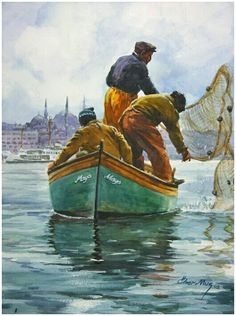 two men in a green boat with fishing nets on the water, one man is pulling something out of the net