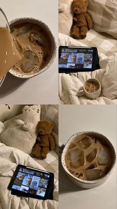 there is a teddy bear sitting on the bed next to a cup of coffee and cell phone