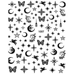 an image of stars and moon tattoos on a white background with black ink in the shape of butterflies