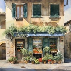 a painting of a fruit and vegetable stand in front of a building with green shutters