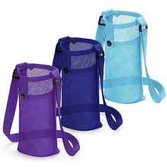 three different colored mesh bags sitting next to each other