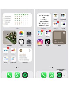 an iphone screen with several different icons and texting on the back, along with two separate screens