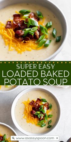 two bowls filled with loaded baked potato soup