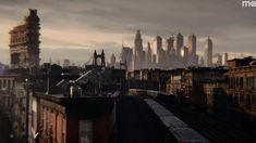 a train traveling through a city with tall buildings in the backgrouds and dark clouds