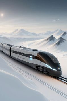 a high speed train traveling through the snow