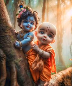 two small children are sitting on a tree branch in the woods, one is wearing an orange sari