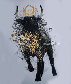 an artistic painting of a bull with gold and black paint