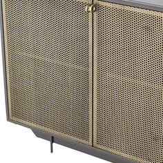 a metal cabinet with two doors and gold trimmings on the front, against a white background