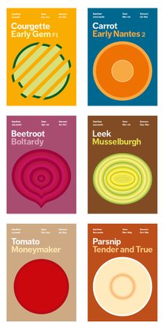 six posters with different colors and shapes for each type of poster, including the title