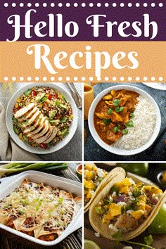 the cover of hello fresh recipes with pictures of different dishes and ingredients in it, including rice