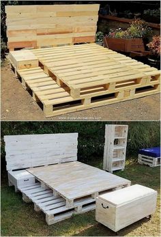 two pictures side by side with different types of furniture made out of pallet wood