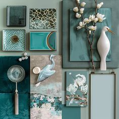 the wall is decorated with various items and flowers in shades of teal, blue, green, and gold