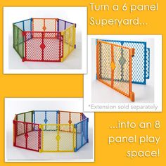 the instructions for how to build an outdoor play space with colored plastic fences and gates