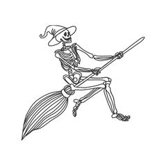 a skeleton riding on top of a broom with a hat and long cane in its hand