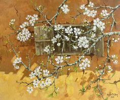 an oil painting of white flowers on a tree branch in front of a wooden window