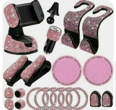 pink and black car accessories are arranged on a white background