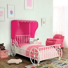 Charm Pink Full Bed - Ornate Home Carriage Bed, Twin Car Bed, Metal Twin Bed, Pink Tent, Kids Twin Bed, Wrought Iron Bed, Twin Platform Bed, Slatted Headboard, White Upholstery