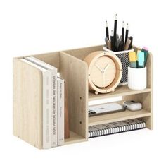 a wooden desk organizer with books and pens