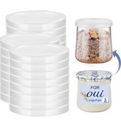 there are many plastic containers with food in them next to each other and the container is filled with oatmeal