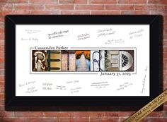 a framed photograph with the names of some famous authors and their characters on it, in front of a brick wall