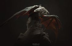 a white and red dragon statue on top of a rock in the dark with it's wings spread