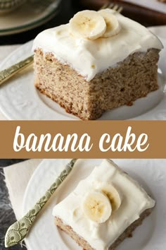 a banana cake with white frosting and sliced bananas on top, sitting on a plate