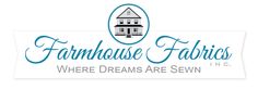 the logo for farmhouse house fabrics, where dreams are sewn in blue and white