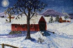 Snowed-in, rug hooked by Michele Wise Landscape Rug, Rug Hooking Frames, Rug Hooking Pattern, Rug Hooking Designs, Rugs Australia, Honey Bee Hives, Monks Cloth, Primitive Rugs, Rug Hooking Patterns