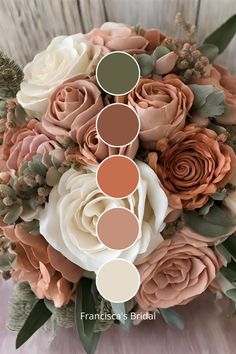 a bridal bouquet with roses and greenery in shades of peach, brown, green