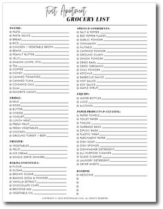 the printable grocery list is shown in black and white, with text on it