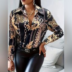 This Shirt Features A Unique Chain Print Design And A Classic Button Front, Making It A Versatile And Stylish Addition To Any Wardrobe. With Its Long Sleeves, It Is Perfect For Both Casual And Formal Occasions, And Can Be Dressed Up Or Down Depending On The Occasion. Made For Women, This Shirt Is Comfortable And Fashionable, Making It A Must-Have In Any Woman's Clothing Collection. Chain Print Shirt, Casual Button Front Long Sleeve Shirt, Women's Clothing 95% Polyester 5% Spandex Style: Vintage Chic Collared Gold Shirt, Chic Gold Collared Shirt, Gold Button-up Top For Workwear, Gold Button-up Top For Work, Chic Gold Button-up Top, Gold Button-up Blouse For Night Out, Trendy Black Formal Shirt, Chic Gold Top With Button Closure, Chic Gold Tops With Button Closure