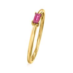 Ross-Simons - .10 Carat Ruby Ring in 14kt Yellow Gold. Size 6. RS Pure. Modern designs that complete your outfit and complement your personality. Yearning for color in your stack? Go with this dainty ring! It features a .10 carat baguette ruby stationed on the center of the simple 14kt yellow gold band. 1/16" wide. Ruby ring. Ruby birthstones are the perfect gift for July birthdays. Ruby Birthstone, July Birthday, Ruby Ring, Dainty Ring, Gold Bands, Ruby, Modern Design, Perfect Gift, Yellow Gold