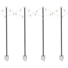 four different types of garden tools hanging on a line with lights in the shape of hearts