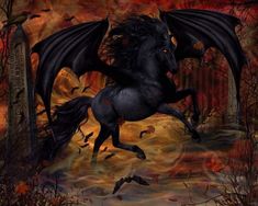 a painting of a black horse in the middle of a forest with bats flying around