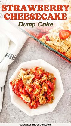 strawberry cheesecake dump cake on a white plate