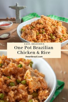 one pot brazilian chicken and rice with peas in a white bowl on a wooden table