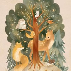 an illustration of some animals around a tree