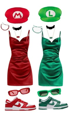 three different types of clothes and hats with sunglasses on the bottom one is green, red, and white