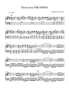 sheet music with the words theme from the office written in black and white on it