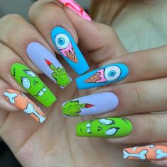 Gorgeous And Colorful Xl Halloween Press On Nails Halloween Pop Art Nails, Pop Art Halloween Nails, Halloween Candy Nails, Neon Halloween Nails, Creepy Halloween Nails, Zombie Nail Art, Halloween Nail Colors, Shorties Nails, Zombie Nails