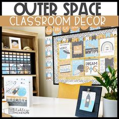 an image of classroom decor with the text outer space classroom decor above it and below