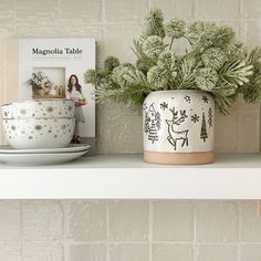 a white shelf topped with cups and saucers next to a plant on top of a plate