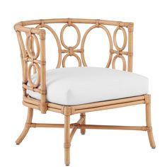 an image of a chair that is made out of wood and has white cushions on it