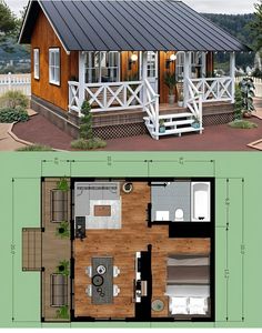 the plans for a small cabin house are shown in two different views, one with an open floor plan and another with a loft