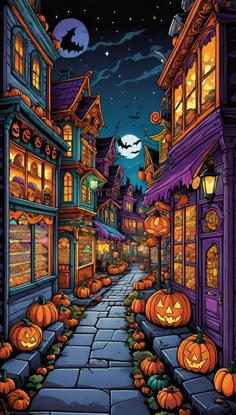 an image of a halloween scene with pumpkins on the street and buildings in the background