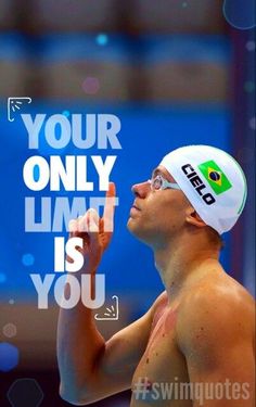 a man wearing a white hat and swimming cap with the words your only limit is you