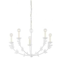 a white chandelier with five lights hanging from it's center and leaves on the bottom