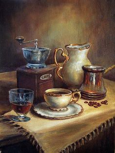 a painting of coffee and tea on a table