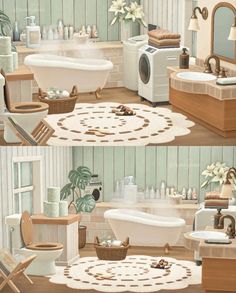 two pictures of bathroom with bathtub, toilet and sink in it's center