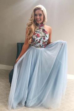 High Neck Homecoming Dresses, Blue Tulle Prom Dress, Elegant Homecoming Dresses, Dresses Two Piece, Light Blue Prom Dress, Blue Party Dress